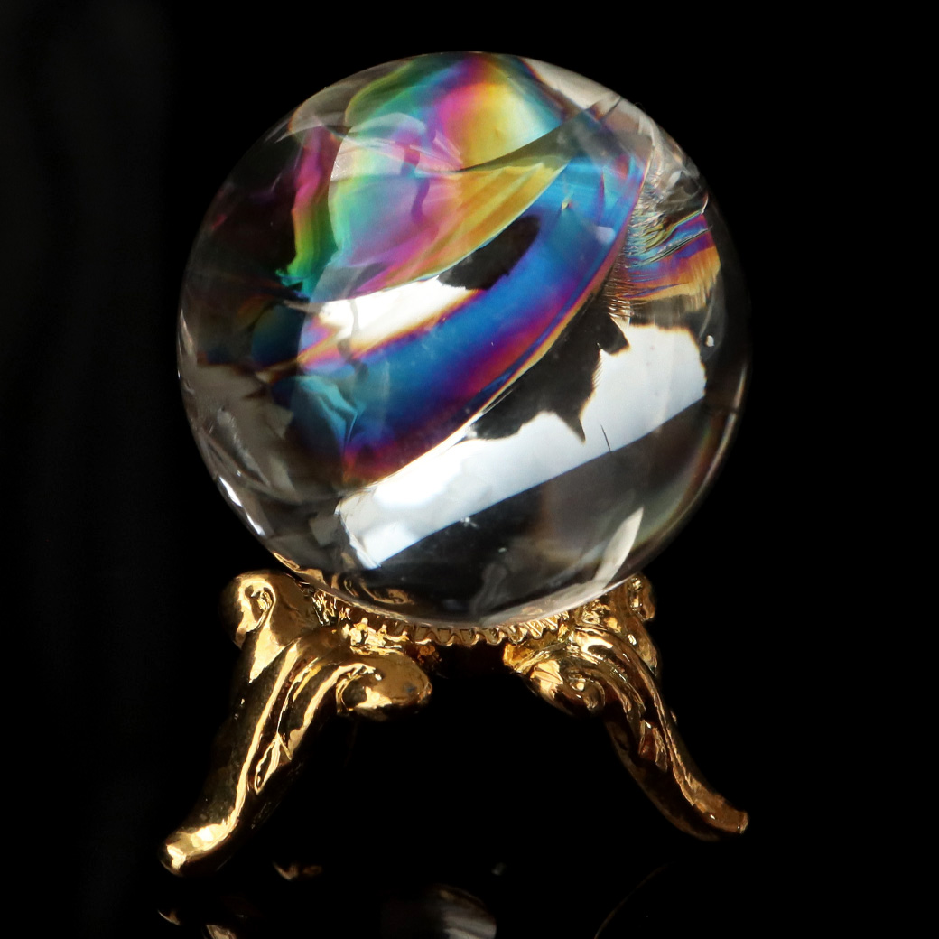 アイリスクォーツ 虹入り 天然 水晶 丸玉 台座付き レインボー パワーストーン 天然石