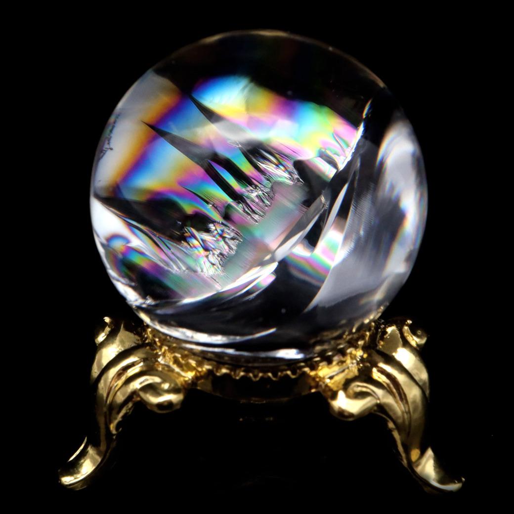 アイリスクォーツ 丸玉 水晶 虹入り AA 天然 台座付き レインボー パワーストーン 天然石 1点もの 置き物 玉 球 本物 風水