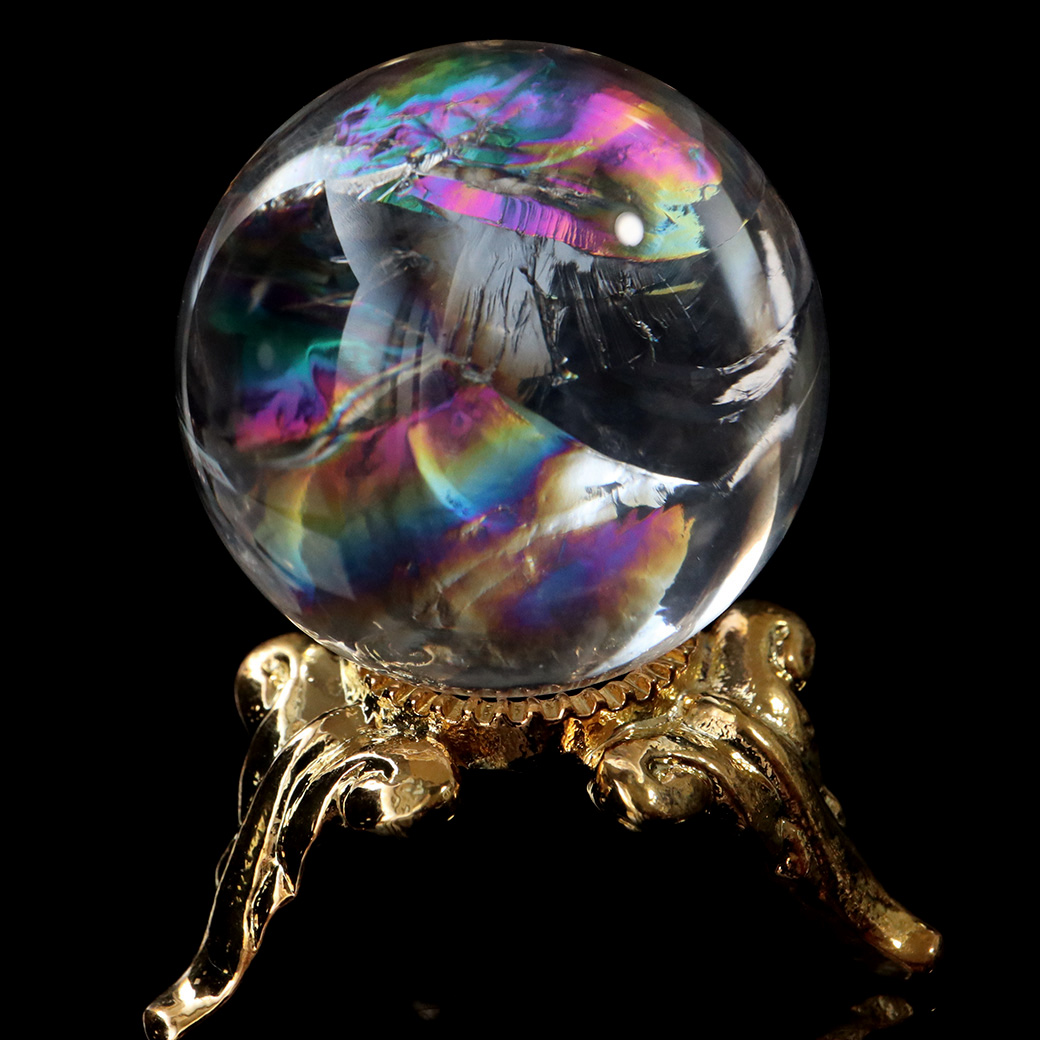 アイリスクォーツ 虹入り 天然 水晶 丸玉 台座付き レインボー パワーストーン 天然石