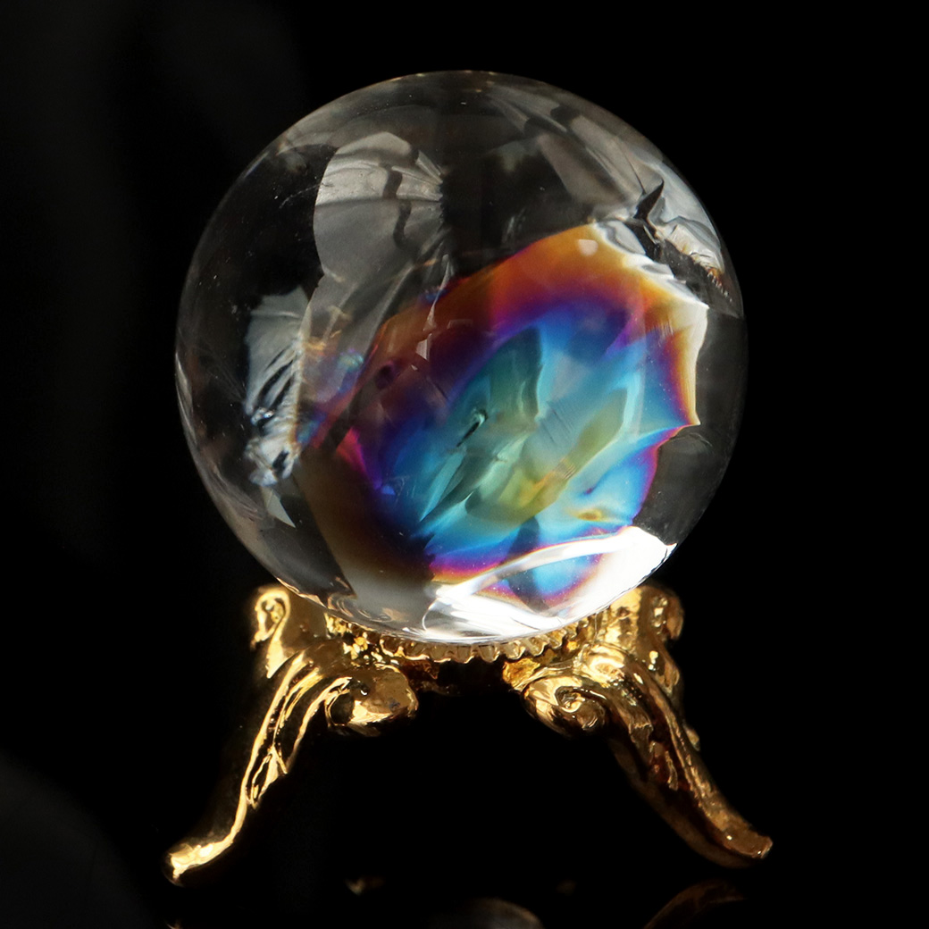アイリスクォーツ 虹入り 天然 水晶 丸玉 台座付き レインボー パワーストーン 天然石