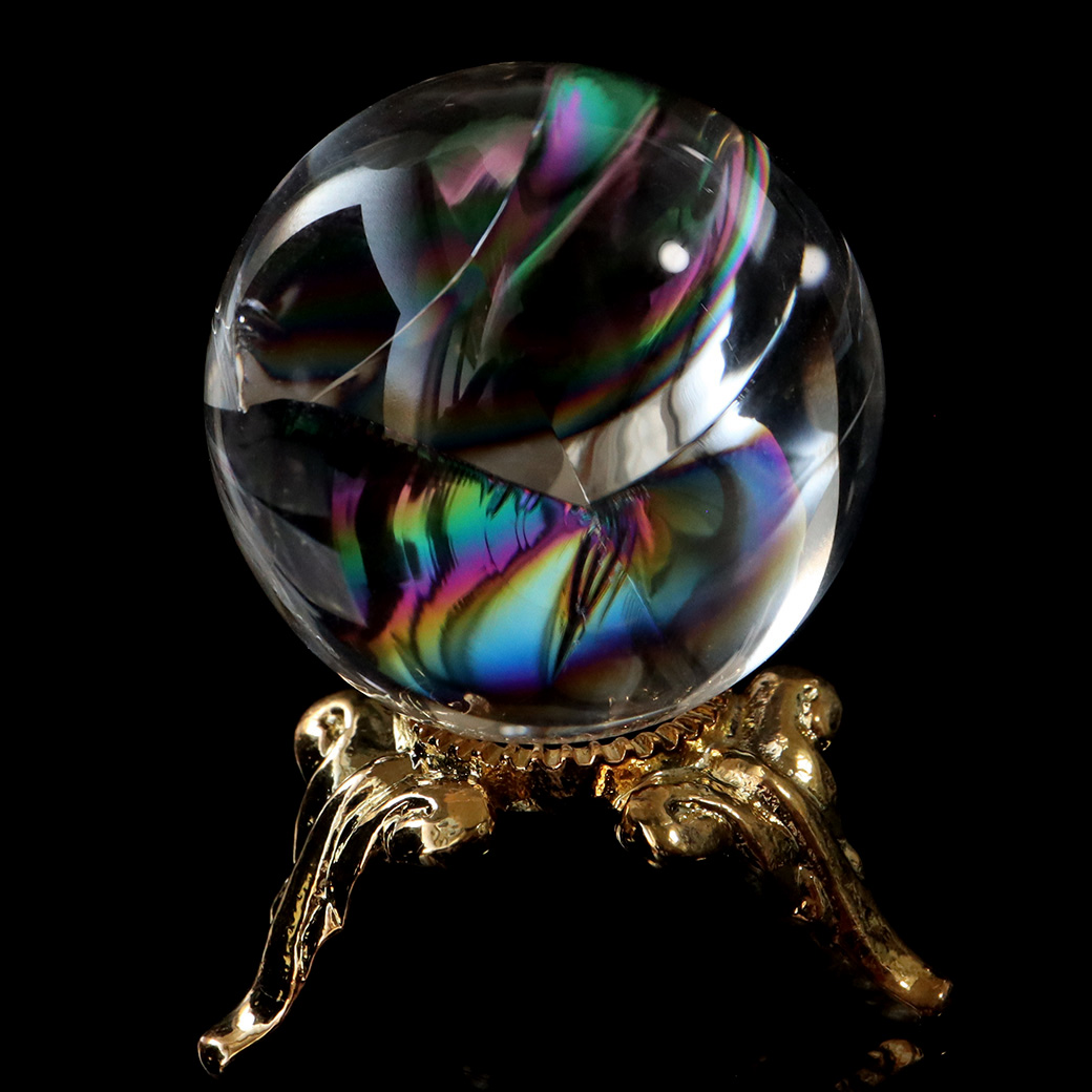 アイリスクォーツ 虹入り 天然 水晶 丸玉 台座付き レインボー パワーストーン 天然石