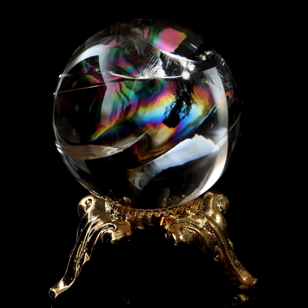 アイリスクォーツ 虹入り 天然 水晶 丸玉 台座付き レインボー パワーストーン 天然石