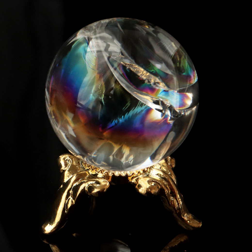 アイリスクォーツ 虹入り 天然 水晶 丸玉 台座付き レインボー パワーストーン 天然石