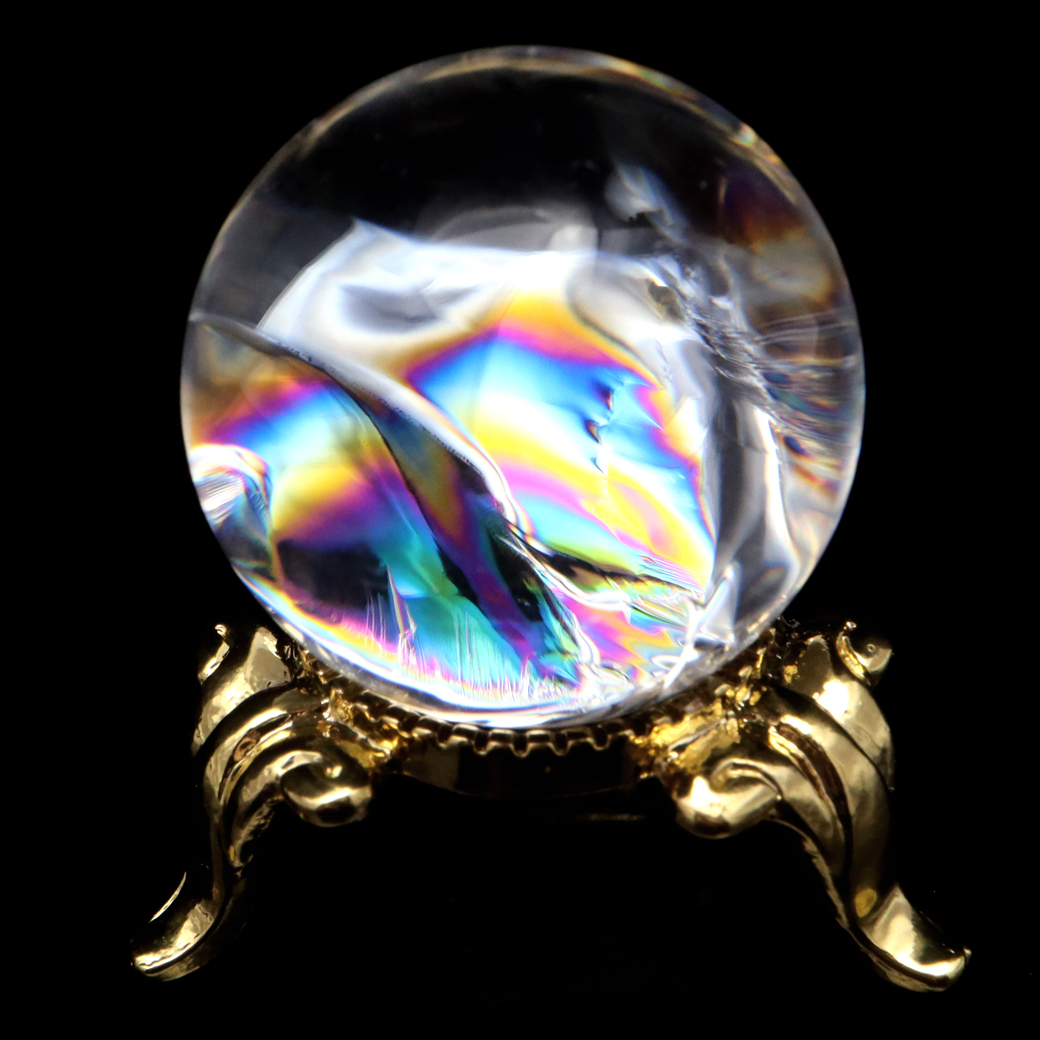 アイリスクォーツ 丸玉 水晶 虹入り AA 天然 台座付き レインボー パワーストーン 天然石 1点もの 置き物 玉 球 本物 風水