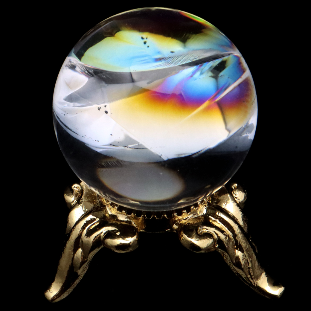 アイリスクォーツ 丸玉 水晶 虹入り 天然 台座付き レインボー パワーストーン 天然石