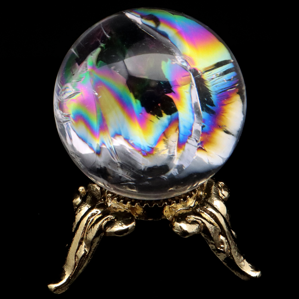 アイリスクォーツ 丸玉 水晶 虹入り 天然 台座付き レインボー パワーストーン 天然石