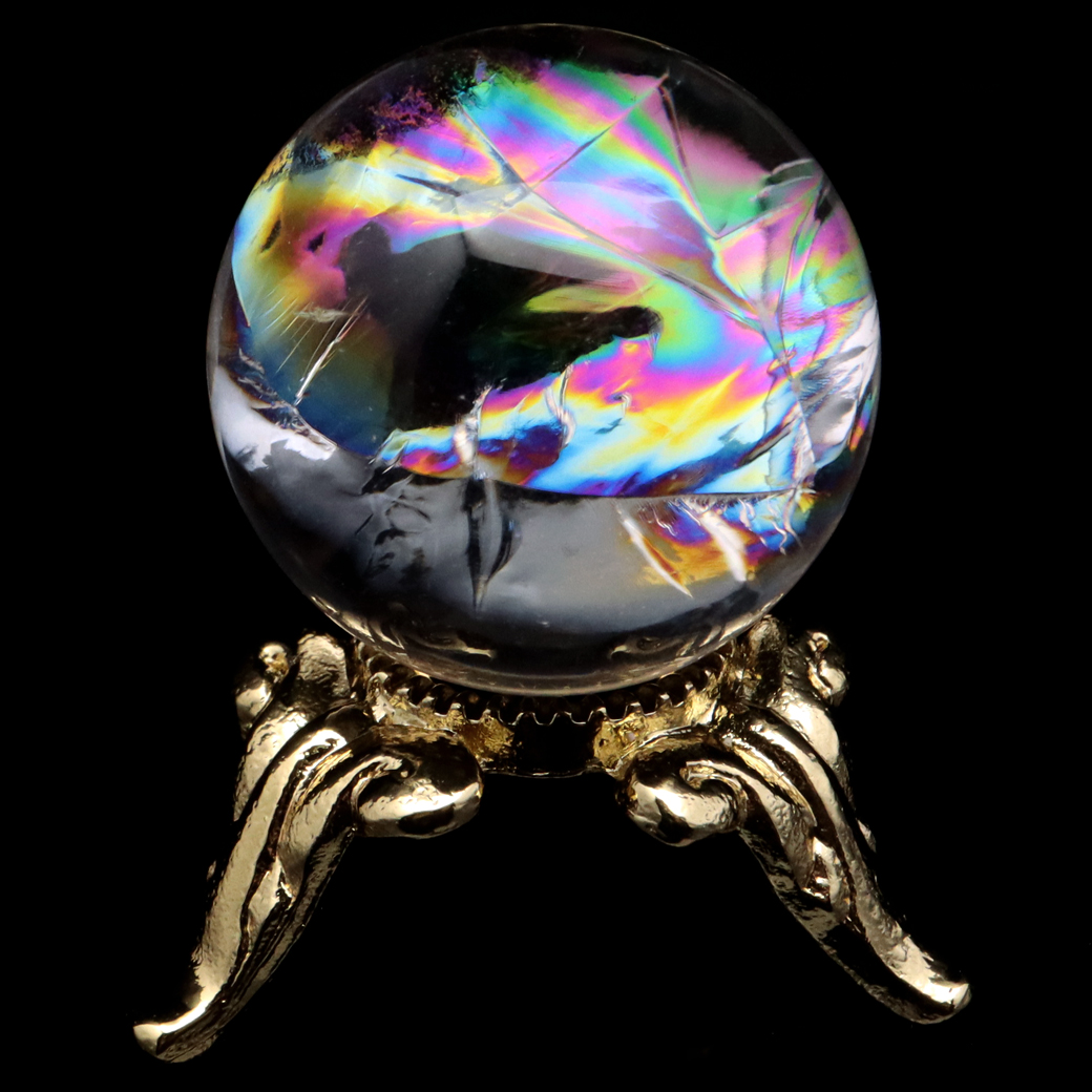 アイリスクォーツ 丸玉 水晶 虹入り 天然 台座付き レインボー パワーストーン 天然石