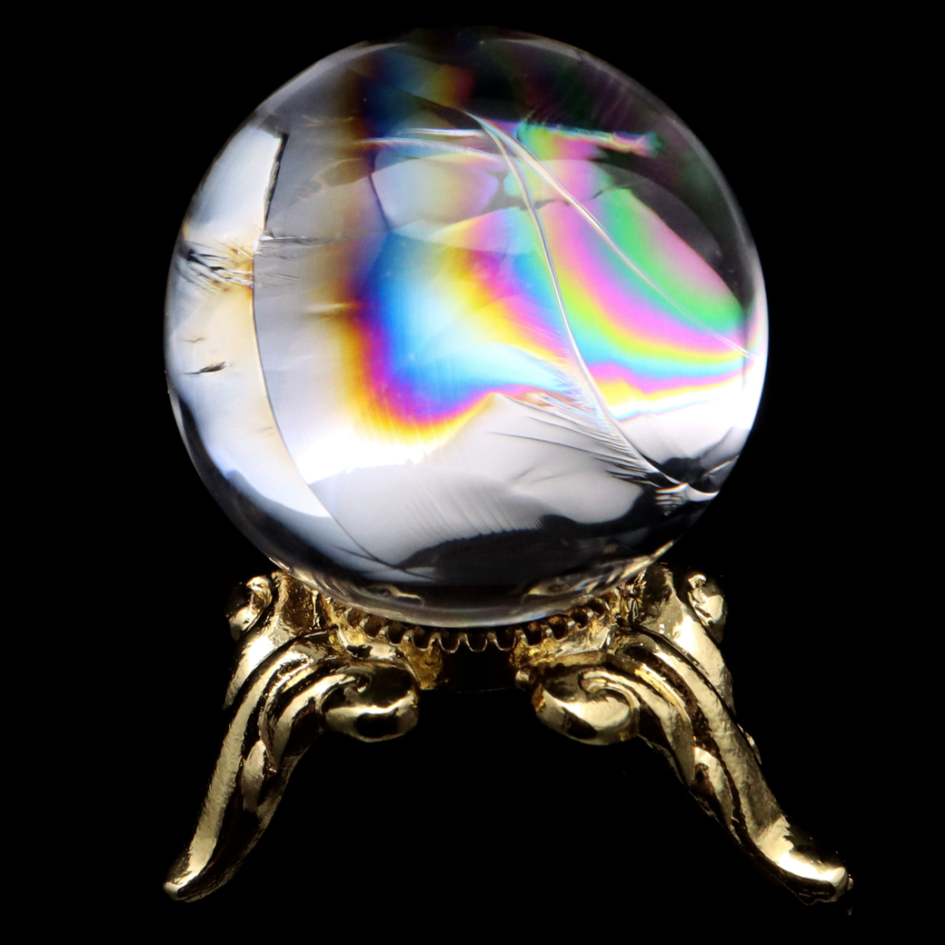 アイリスクォーツ 丸玉 水晶 虹入り 天然 台座付き レインボー パワーストーン 天然石