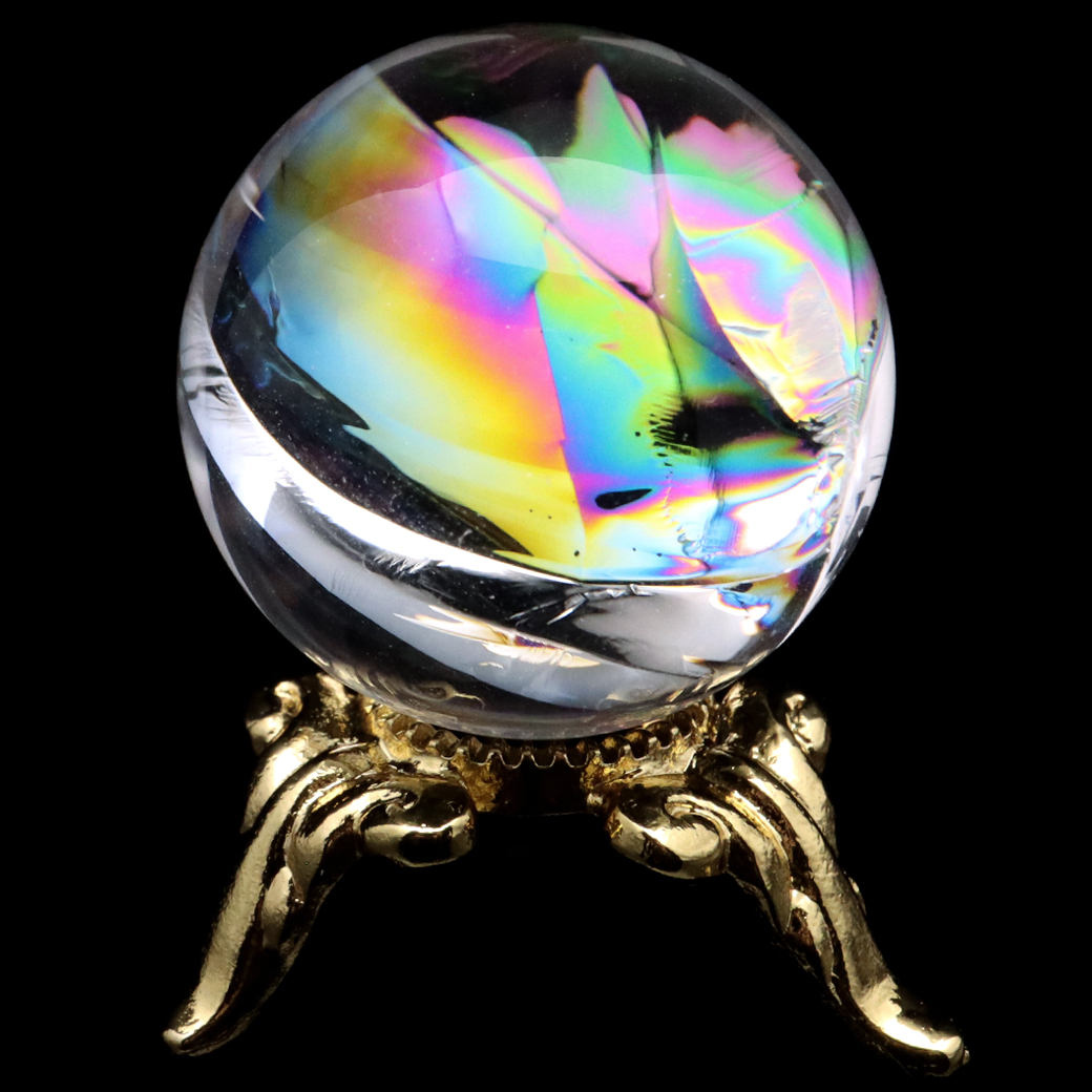 アイリスクォーツ 丸玉 水晶 虹入り 天然 台座付き レインボー パワーストーン 天然石