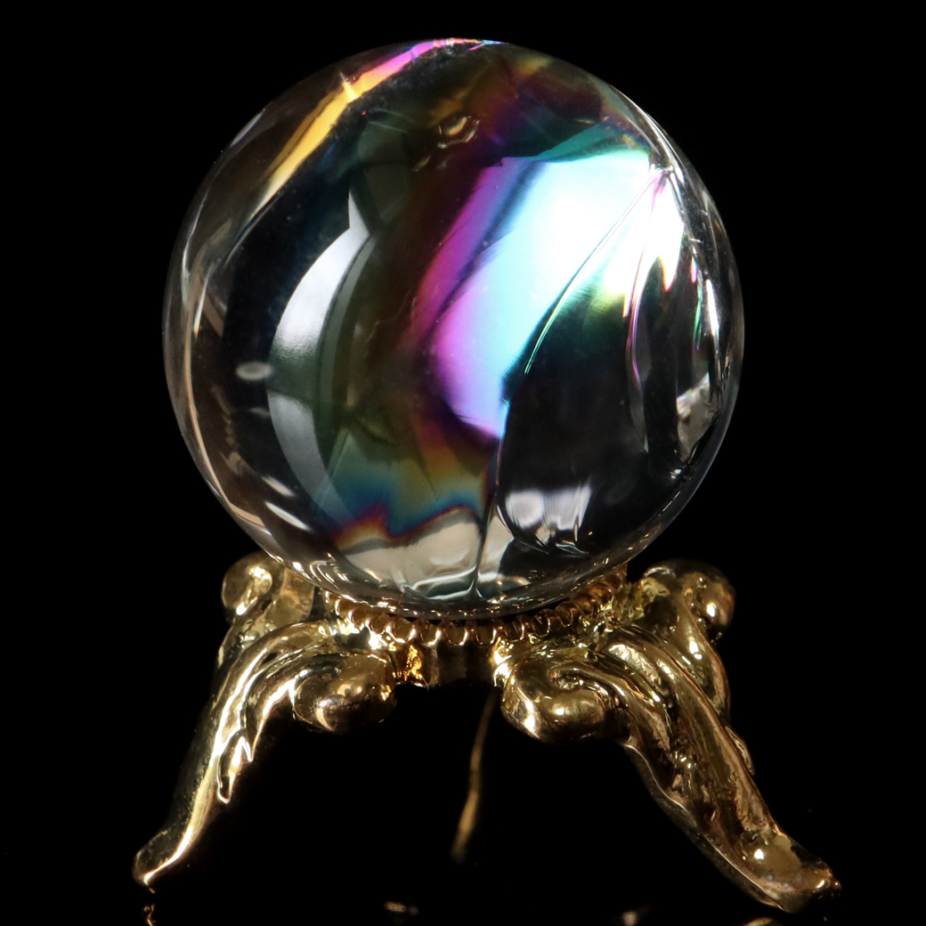 アイリスクォーツ 虹入り 天然 水晶 丸玉 台座付き レインボー パワーストーン 天然石