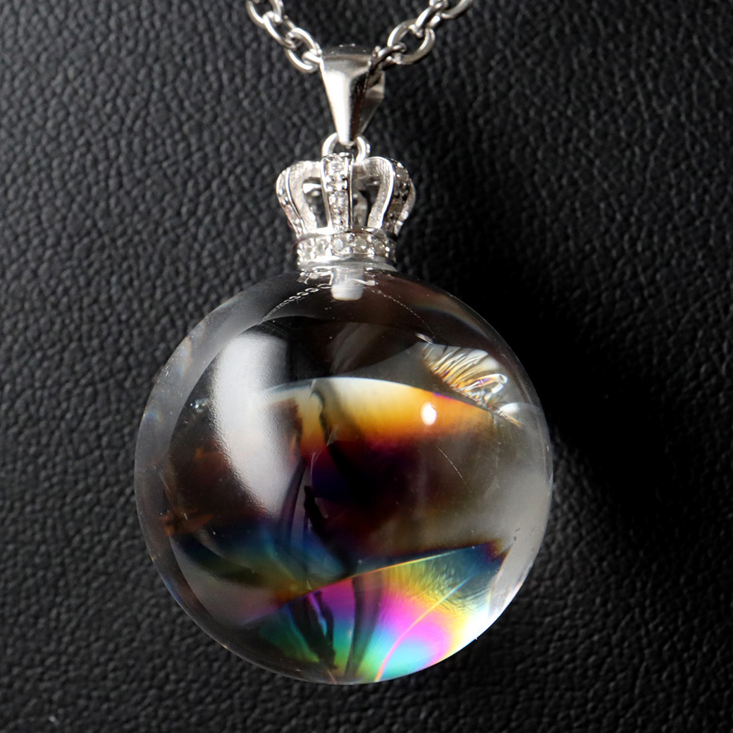 アイリスクォーツ 虹入り 丸玉 水晶 ペンダント高品質 チェーン付き パワーストーン