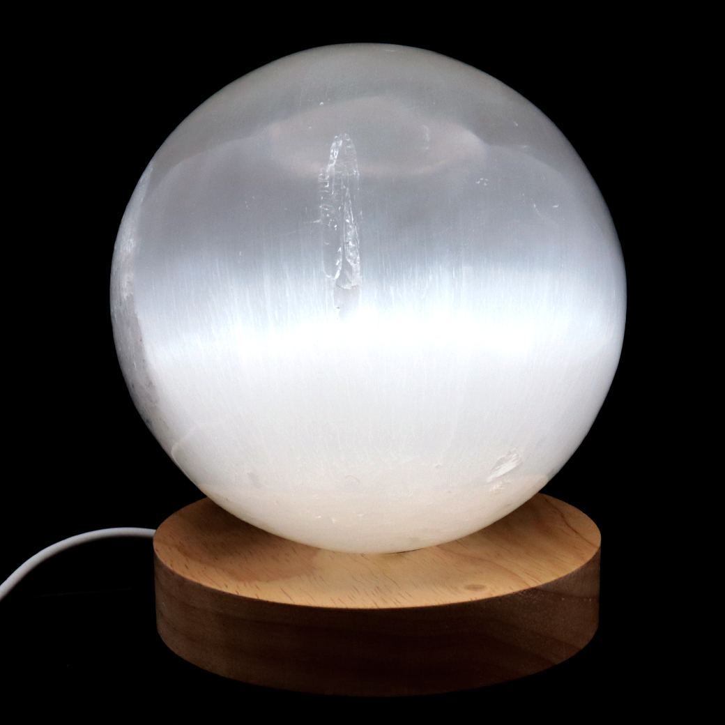 セレナイト 丸玉 LEDライト 台座付き 大玉 直径約10cm モロッコ産 キャッツアイセレナイト 置き物 透石膏