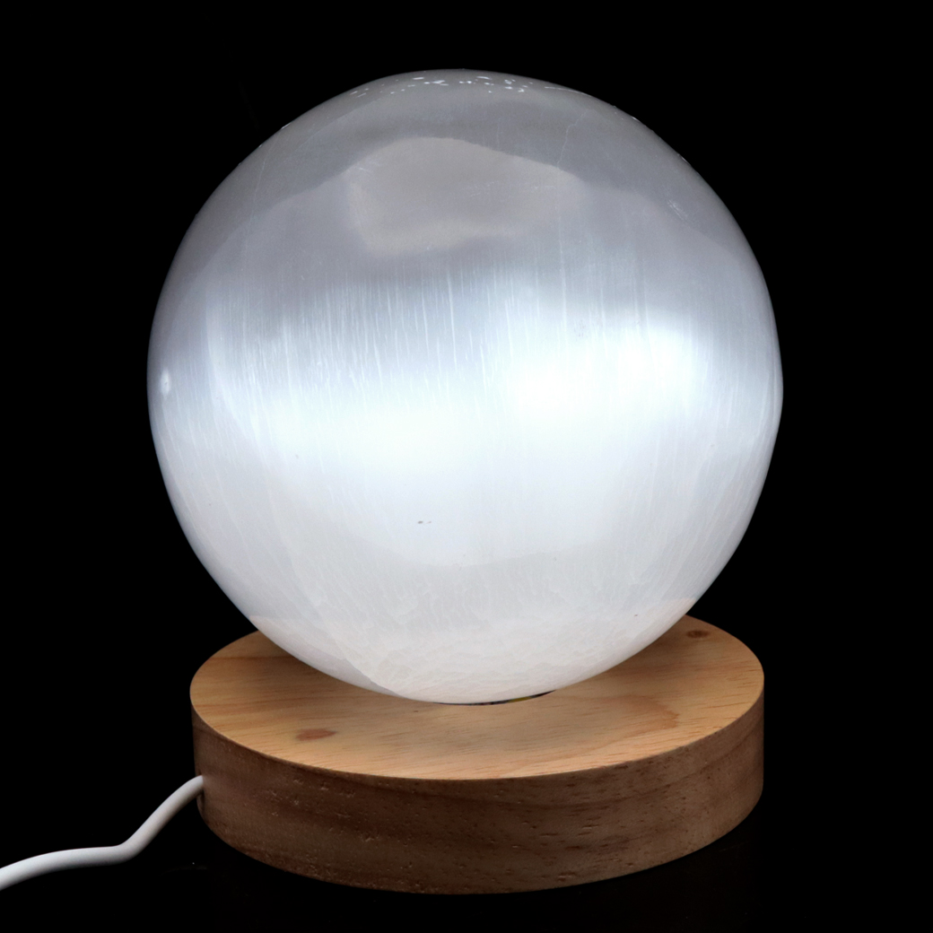 セレナイト 丸玉 LEDライト 台座付き 大玉 直径約10cm モロッコ産 キャッツアイセレナイト 置き物 透石膏