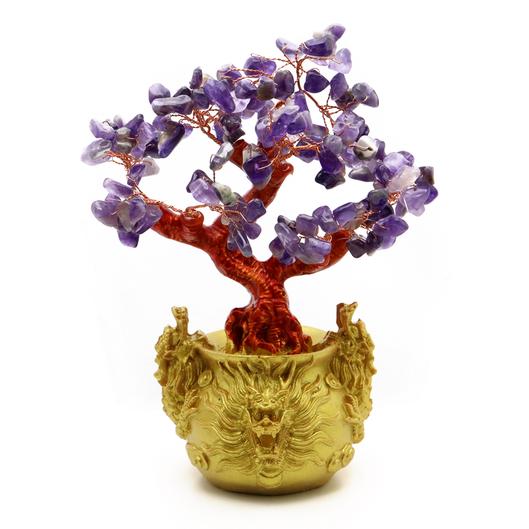 招財樹 壺型 アメジスト 紫水晶 龍 風水置物 インテリア 金運祈願 開運 商売繁盛祈願