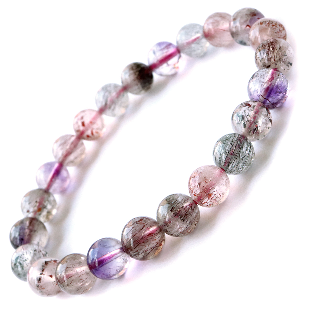 スーパーセブン ブレスレット 8mm ブラジル産 マルチカラー 1点物 天然石 紫水晶