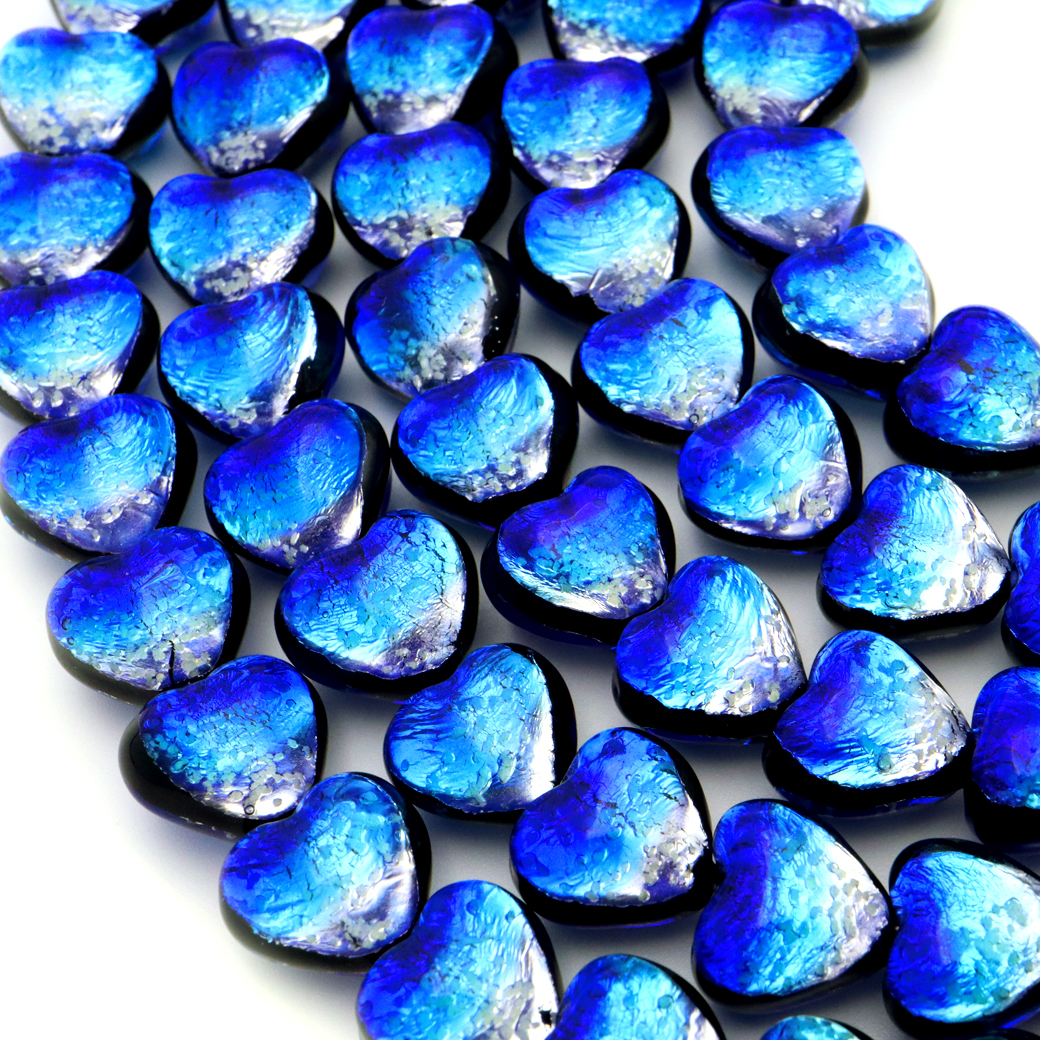 光る ヨナグニブルー ホタルガラス ハート型 約12 x 12 x 8mm 一連 ビーズ売り(34粒) とんぼ玉 沖縄 お土産 送料無料