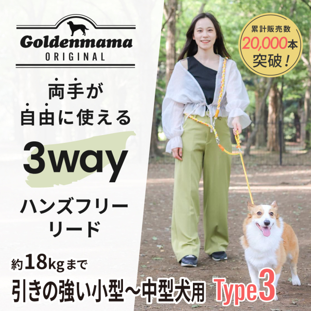 ★当店人気ナンバーワン！両手が自由に使える3Wayハンズフリーリード Type3(引きが強めの小型～中型犬用) 全8色