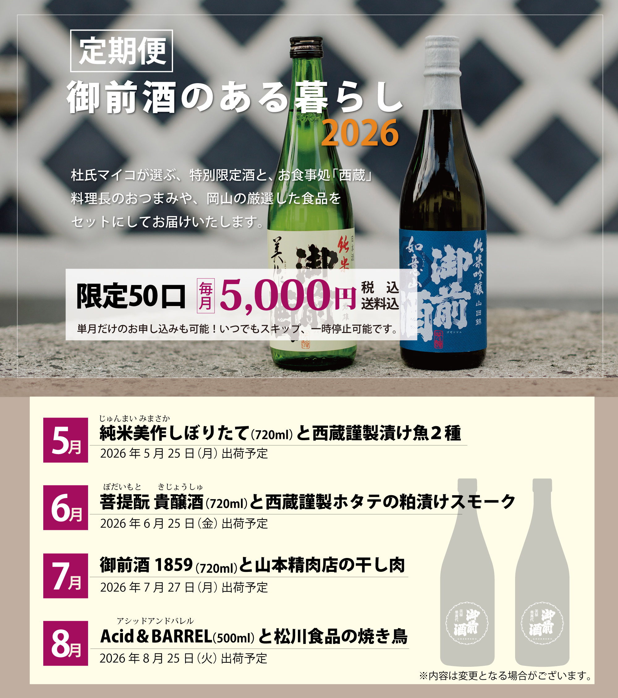 【定期便】御前酒のある暮らし 〜岡山県北の蔵元から美味いもんをお届け〜