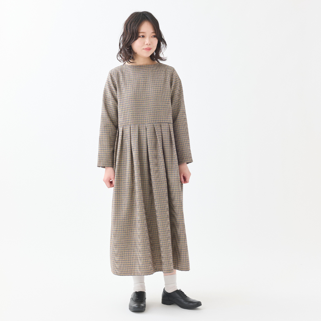 ウールチェックウエストタックワンピース