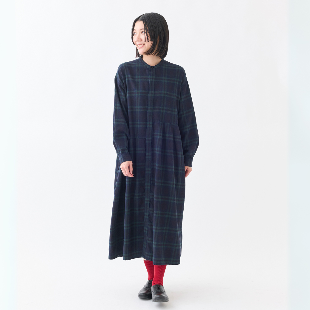 コットンシルクアシメタックバンドカラーワンピース