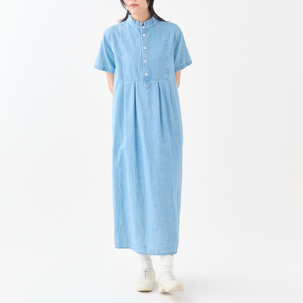 6oz綿麻デニムタックフリルH/Sワンピース