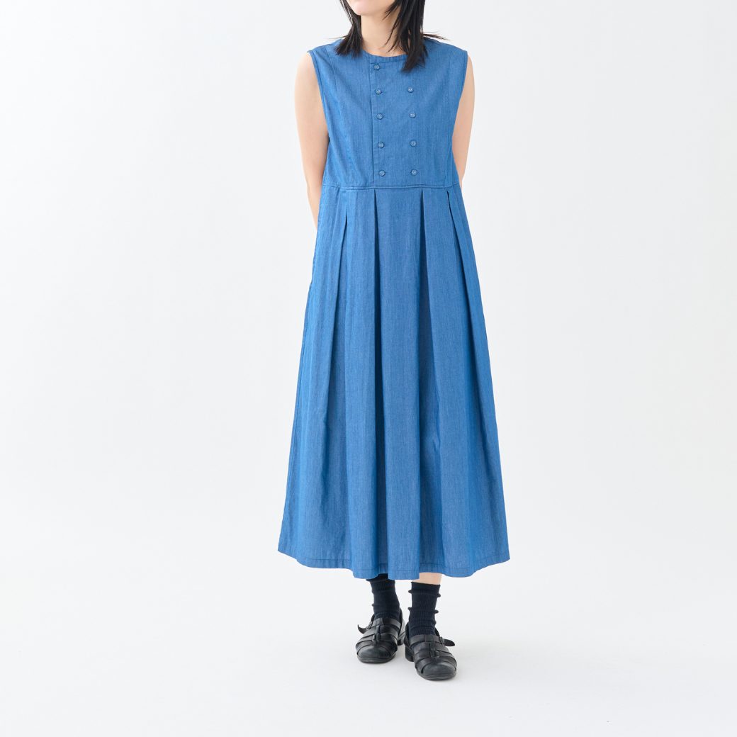 【6.1 On Sale】4ozデニムダブルボタンノースリーブワンピース