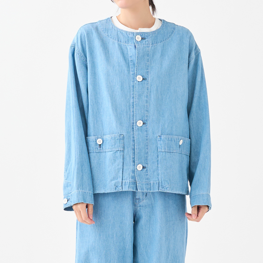 6oz綿麻デニムノーカラージャケット