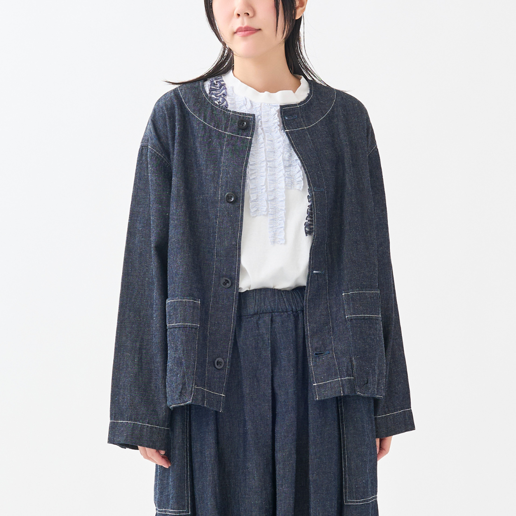 6oz綿麻デニムノーカラージャケット
