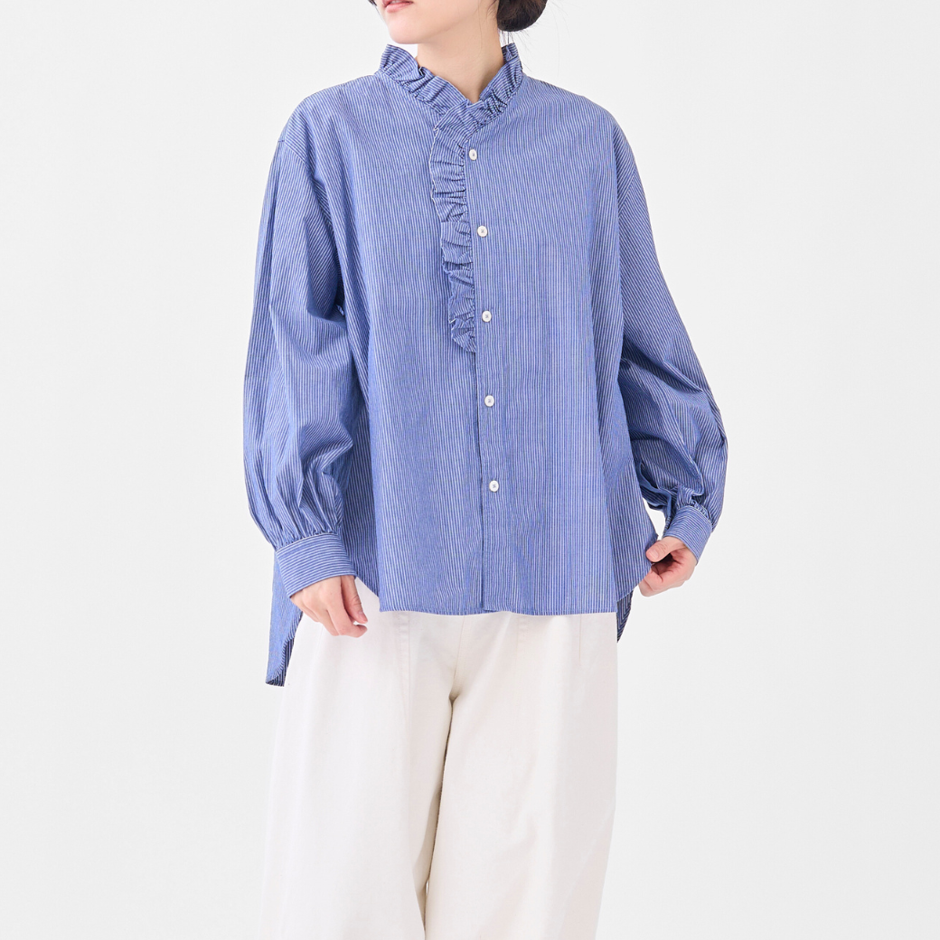 ストライプＶネックフリルシャツ