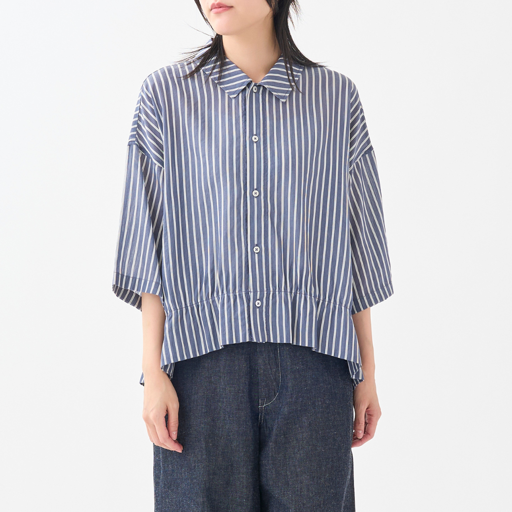 ストライプハーフスリーブフリルヘムシャツ