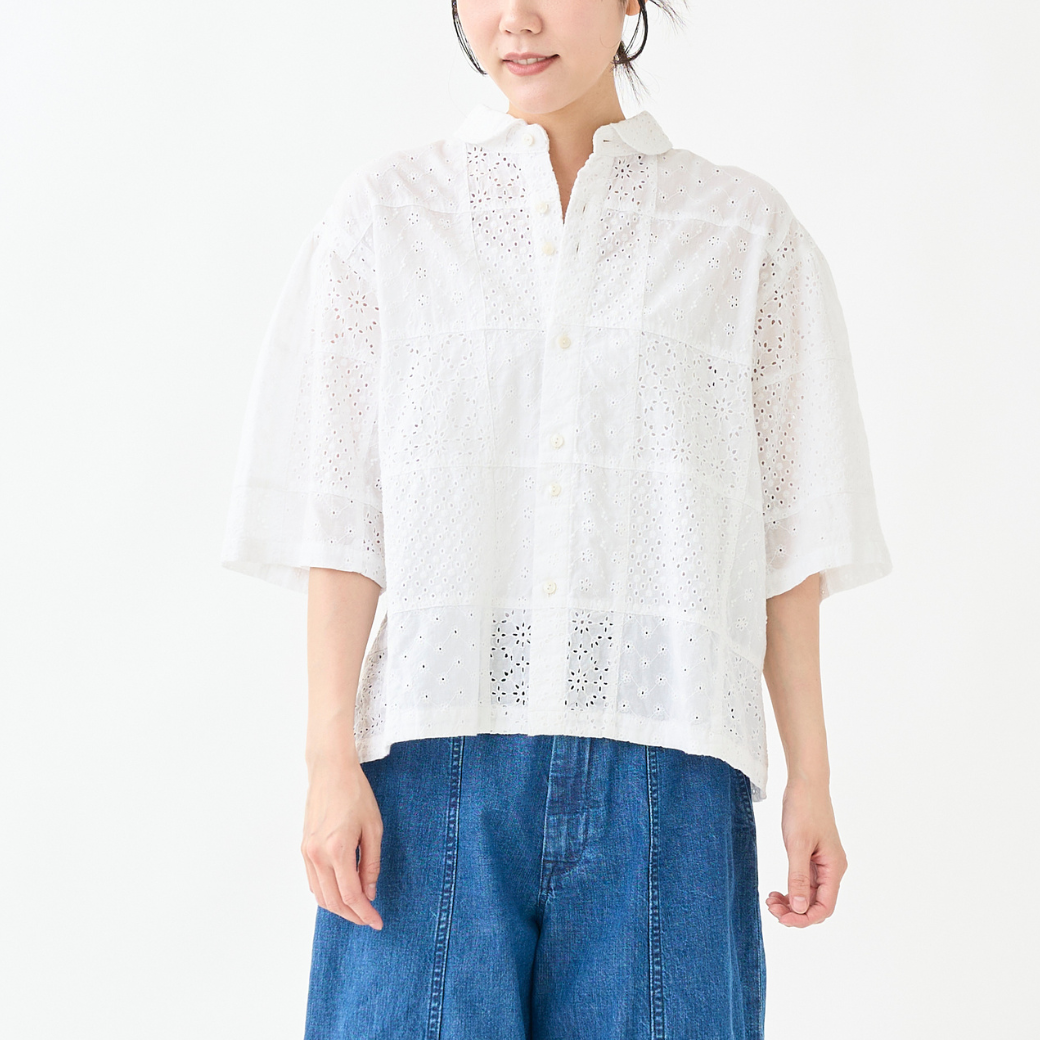 【8月上旬発売予定】レースパッチワーク5分袖ラウンドカラーシャツ（予約）