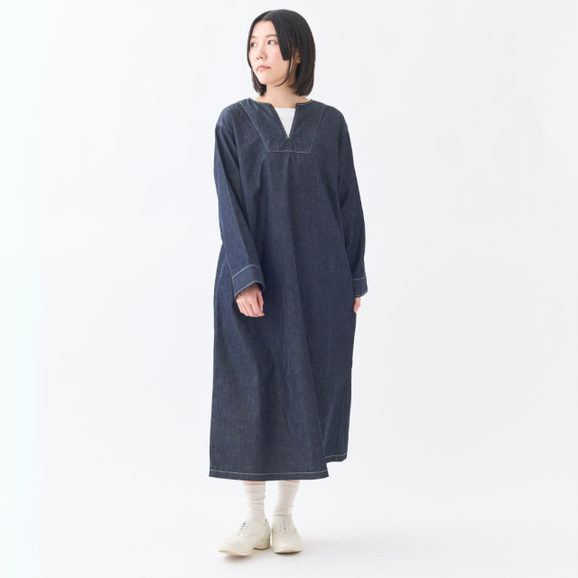 【8月中旬入荷予定】6.5ozデニム キーネックスモックワンピース