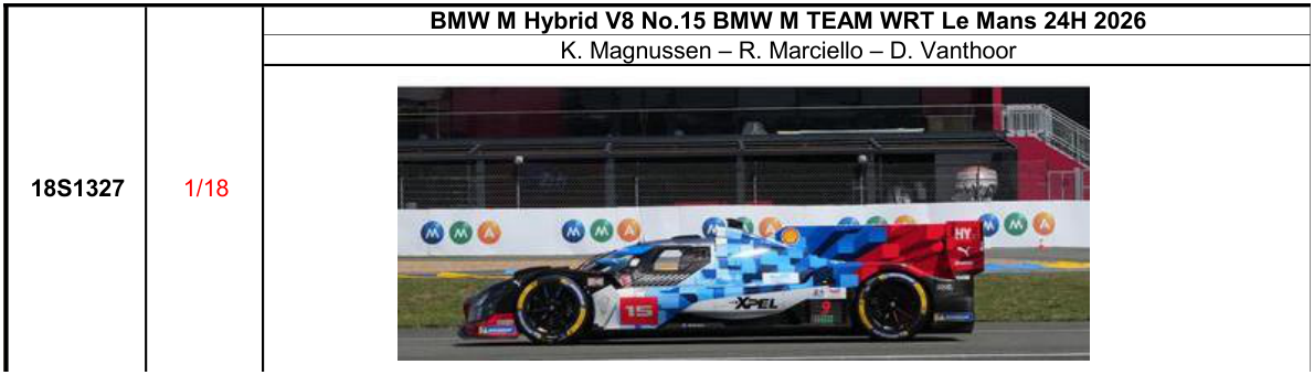 【スパーク(18S1327)ご予約商品8/9締切】1/18 BMW M Hybrid V8 No.15 BMW M TEAM WRT Le Mans 24H 2026 K. Magnussen - R. Marciello - D. Vanthoor 予価：税込￥37400