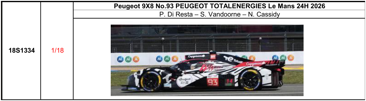 【スパーク(18S1334)ご予約商品8/9締切】1/18 Peugeot 9X8 No.93 PEUGEOT TOTALENERGIES Le Mans 24H 2026 P. Di Resta - S. Vandoorne - N. Cassidy 予価：税込￥37400
