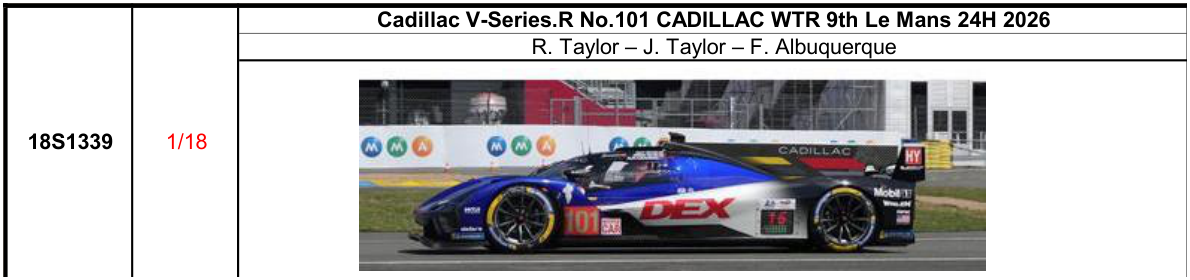 【スパーク(18S1339)ご予約商品8/9締切】1/18 Cadillac V-Series.R No.101 CADILLAC WTR 9th Le Mans 24H 2026 R. Taylor - J. Taylor - F. Albuquerque 予価：税込￥37400