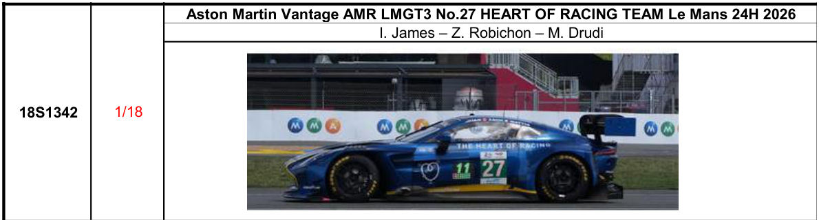 【スパーク(18S1342)ご予約商品8/9締切】1/18 Aston Martin Vantage AMR LMGT3 No.27 HEART OF RACING TEAM Le Mans 24H 2026 I. James - Z. Robichon - M. Drudi 予価：税込￥37400