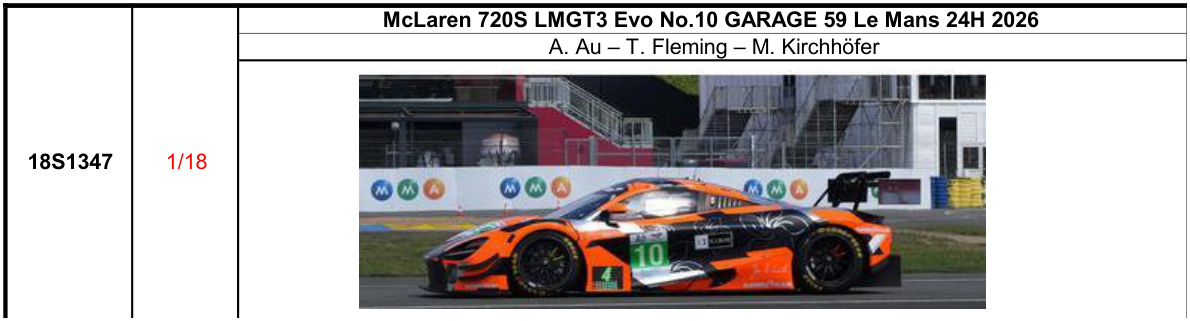 【スパーク(18S1347)ご予約商品8/9締切】1/18 McLaren 720S LMGT3 Evo No.10 GARAGE 59 Le Mans 24H 2026 A. Au - T. Fleming - M. Kirchh?fer 予価：税込￥37400