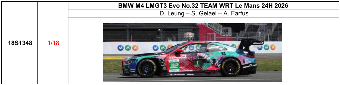 【スパーク(18S1348)ご予約商品8/9締切】1/18 BMW M4 LMGT3 Evo No.32 TEAM WRT Le Mans 24H 2026 D. Leung - S. Gelael - A. Farfus 予価：税込￥37400