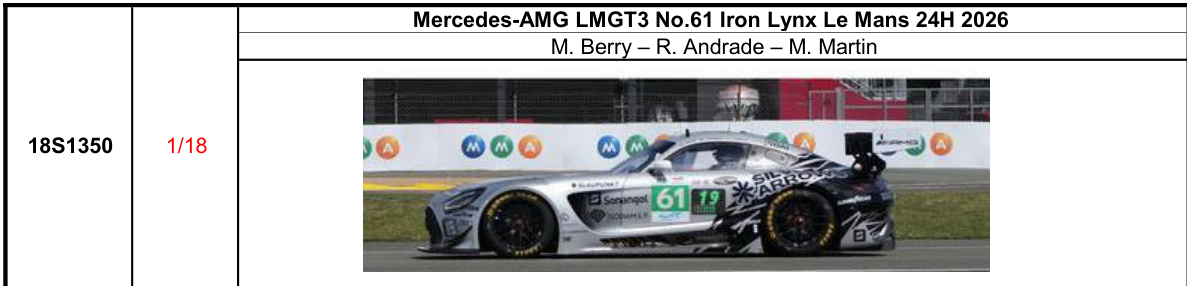 【スパーク(18S1350)ご予約商品8/9締切】1/18 Mercedes-AMG LMGT3 No.61 Iron Lynx Le Mans 24H 2026 M. Berry - R. Andrade - M. Martin 予価：税込￥37400