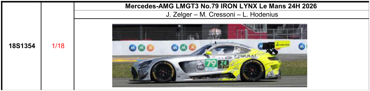 【スパーク(18S1354)ご予約商品8/9締切】1/18 Mercedes-AMG LMGT3 No.79 IRON LYNX Le Mans 24H 2026 J. Zelger - M. Cressoni - L. Hodenius 予価：税込￥37400