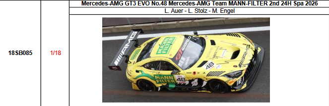 【スパーク(18SB085)ご予約商品8/23締切】1/18 Mercedes-AMG GT3 EVO No.48 Mercedes-AMG Team MANN-FILTER 2026スパ24時間レース2位 L.アウアー-L.シュトルツ-M.エンゲル 予価：税込￥37400
