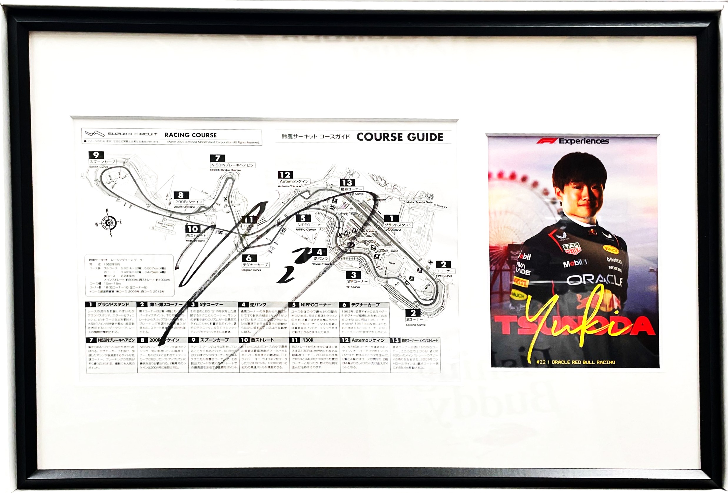 角田裕毅直筆サイン入鈴鹿サーキットコース図&F1エクスペリエンス限定RB角田選手カード(額装品)