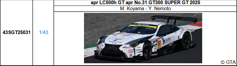 ★当店限定★根本悠生選手直筆サイン入★【スパーク(43SGT25031)ご予約商品】1/43 apr LC500h GT apr No.31 GT300 SUPER GT 2025(小山美姫 / 根本悠生)予価：税込￥12980