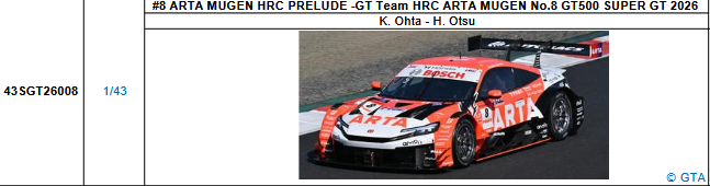 【スパーク(43SGT26008)5/25 19時ご予約商品締切】1/43 ARTA MUGEN HRC PRELUDE -GT Team HRC ARTA MUGEN No.8 GT500 SUPER GT 2026(太田 格之進／大津 弘樹)予価：税込￥13200