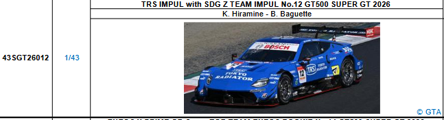 【スパーク(43SGT26012)5/25 19時ご予約商品締切】1/43 TRS IMPUL with SDG Z TEAM IMPUL No.12 GT500 SUPER GT 2026(平峰 一貴／ベルトラン・バゲット)予価：税込￥13200