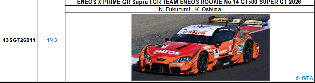 【スパーク(43SGT26014)5/25 19時ご予約商品締切】1/43 ENEOS X PRIME GR Supra TGR TEAM ENEOS ROOKIE No.14 GT500 SUPER GT 2026(福住 仁嶺／大嶋 和也)予価：税込￥13200
