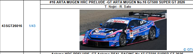 【スパーク(43SGT26016)5/25 19時ご予約商品締切】1/43 ARTA MUGEN HRC PRELUDE -GT ARTA MUGEN No.16 GT500 SUPER GT 2026(野尻 智紀／佐藤 蓮)予価：税込￥13200