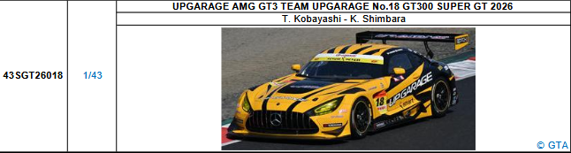 【スパーク(43SGT26018)5/25 19時ご予約商品締切】1/43 UPGARAGE AMG GT3 TEAM UPGARAGE No.18 GT300 SUPER GT 2026(小林 崇志／新原 光太郎)予価：税込￥13200