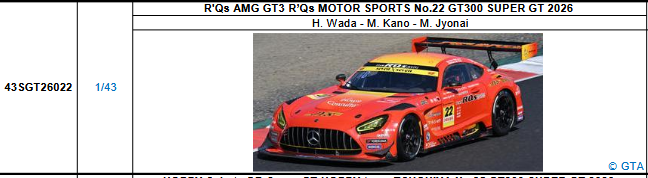 【スパーク(43SGT26022)5/25 19時ご予約商品締切】1/43 R'Qs AMG GT3 R'Qs MOTOR SPORTS No.22 GT300 SUPER GT 2026(和田 久／加納 政樹／城内 政樹)予価：税込￥13200