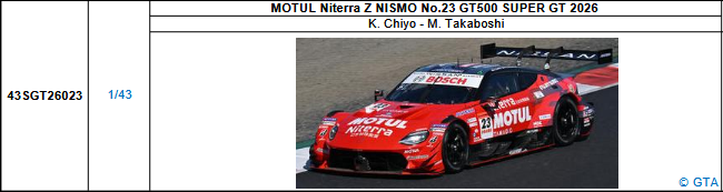 【スパーク(43SGT26023)5/25 19時ご予約商品締切】1/43 MOTUL Niterra Z NISMO No.23 GT500 SUPER GT 2026(千代 勝正／高星 明誠)予価：税込￥13200